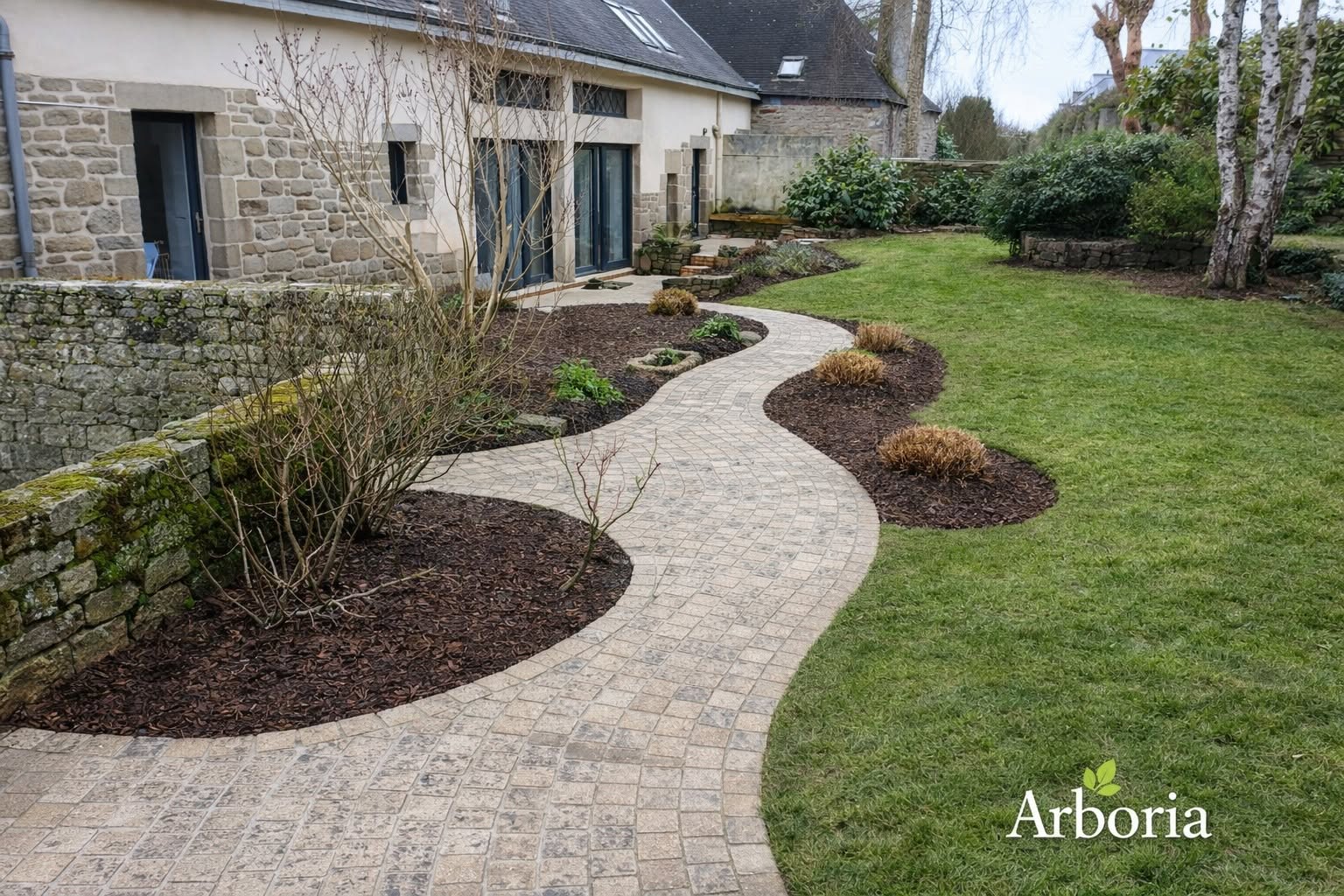 Création paysagère, massifs et allées en Finistère Sud par ARBORIA